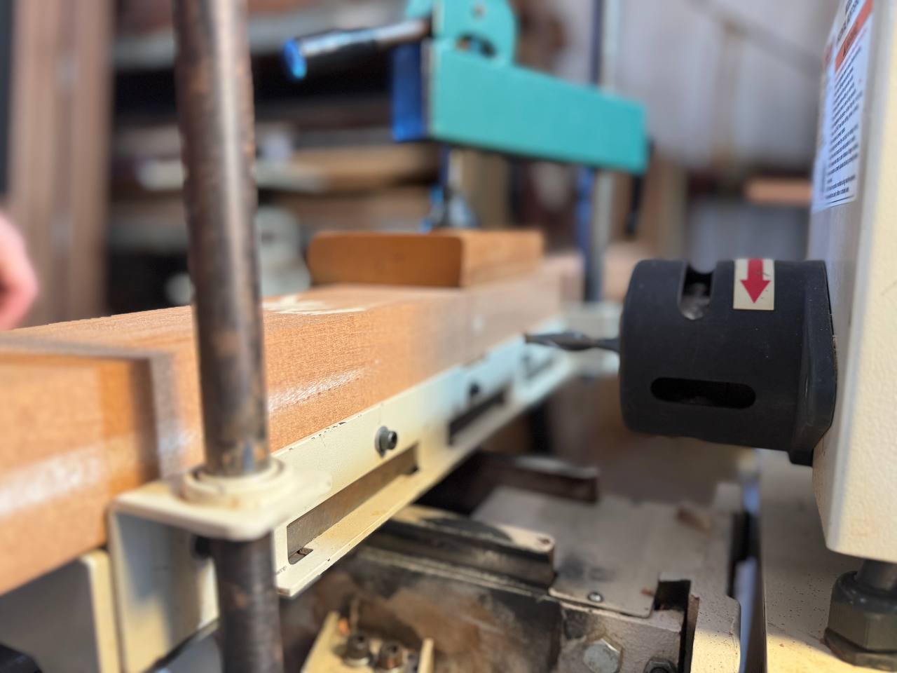 A Sapele board set up in the mortiser