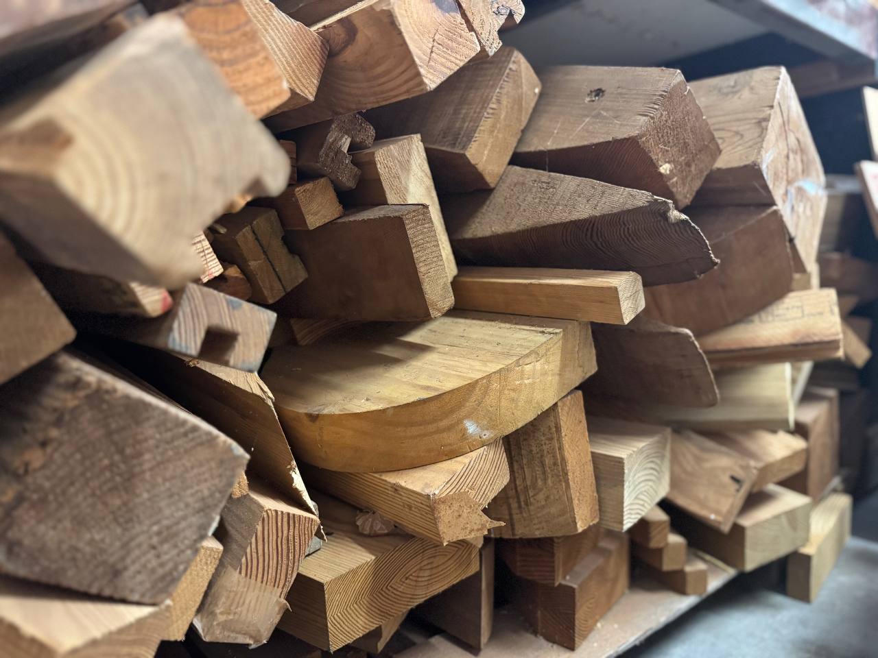 A stack of board ends showing end grain in the J&P Woodcrafters shop near Charleston, South Carolina